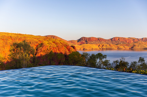 A general view of the famous infinity pool overlooking Lake Argyle at sunset, Western Australia.