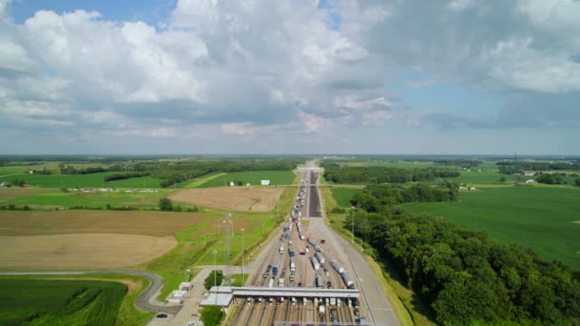 Aerial view of traffic jam on highway 80 in Ohio at day. Buy toll check in on interstate.