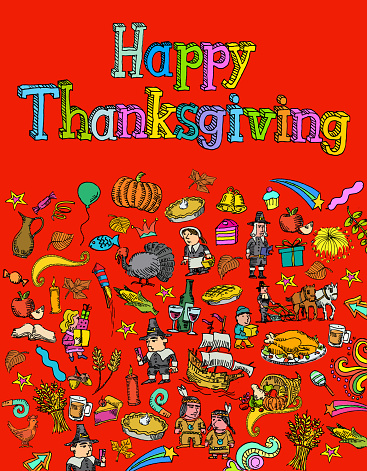Happy Thanksgiving themes message in hand drawn fun doodle style. pumpkin, pilgrims, puritans, plymouth, mayflower, Joyeuse Action de Grace, French language, French Culture, France, seasonal, celebration, Harvesting, USA, Canada,