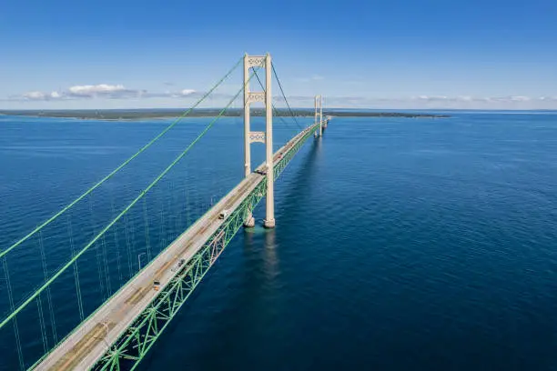 Mackinac Bridge stretches 5 miles across the Mackinac Straits connecting St. Ignace & Mackinaw City, Michigan.