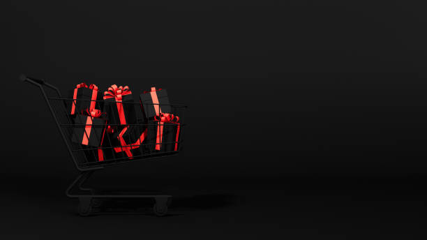 istock Shopping cart with falling gift boxes Black Friday Sale background. 3d render illustration 1436517033