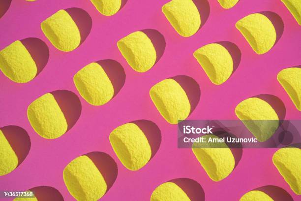 Potato Chips Seamless Pattern On A Vibrant Pink Color Background Flat Lay Top View Stock Photo - Download Image Now