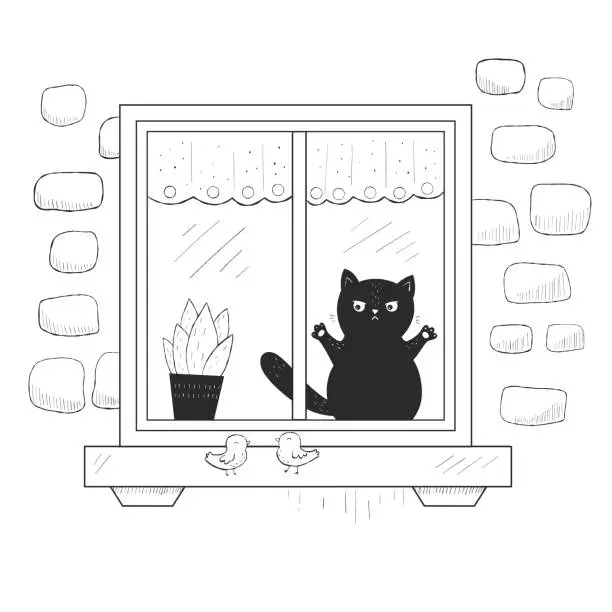 Vector illustration of Coloring page with cat on the windowsill.