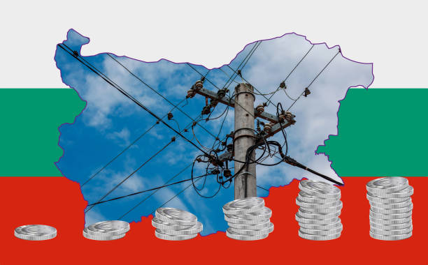 Outline map of the Bulgaria with the image of the national flag. Power line inside the map. Stacks of euro coins. Collage. Energy crisis. stock photo