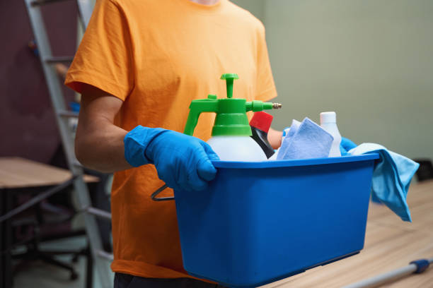 istock Person in bright shirt carrying a box with cleaning stuff 1436521712
