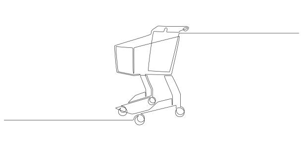 One continuous line drawing of shopping cart. Online shop purchase and supermarket symbol in simple linear style. Buy now trolley concept in editable stroke. Doodle vector illustration One continuous line drawing of shopping cart. Online shop purchase and supermarket symbol in simple linear style. Buy now trolley concept in editable stroke. Doodle vector illustration. supermarket drawings stock illustrations