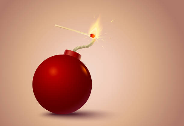 Vector illustration of a red bomb and match in fire and sparks. Bomb with match. vector art illustration
