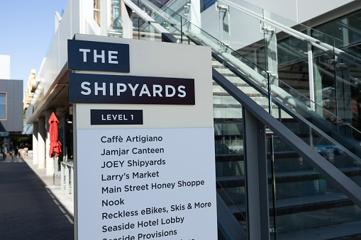 Vancouver, Canada - July 12, 2022: View of sign The Shipyards in North Vancouver