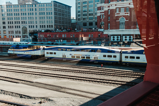 Vancouver, Canada - July 12,2022: View of West Coast Express Train from Waterfront station in downtown Vancouver