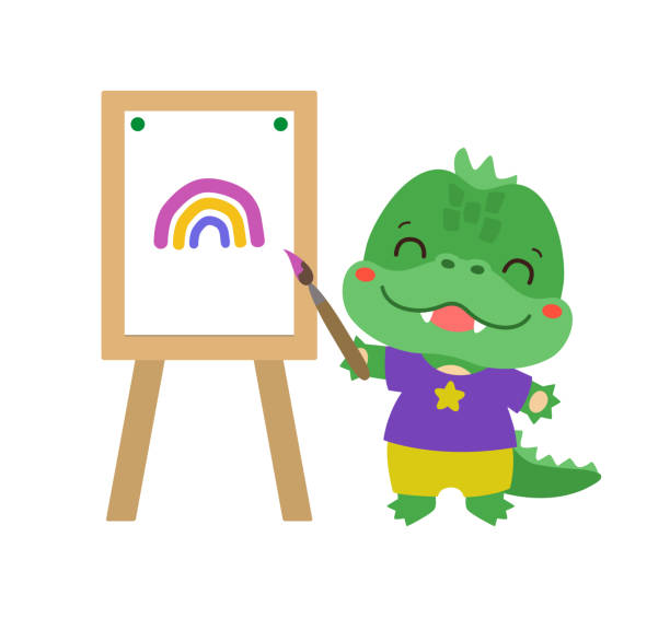 ilustraciones, imágenes clip art, dibujos animados e iconos de stock de cocodrilo escolar con pincel y caballete. estudios de arte. - drawn learn dinosaur