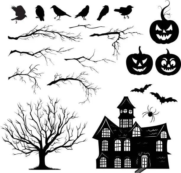 Vector illustration of Halloween Elements Including Haunted House, Crows And Branches  On A Transparent Background