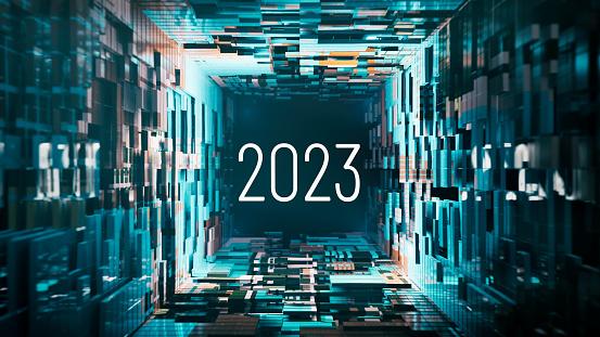 Abs 2023 year technology background - 3d rendered stylized image new years event. From 2022 to 2023. Technology, futuristic, cybercurrency, blockchain concept. No people.