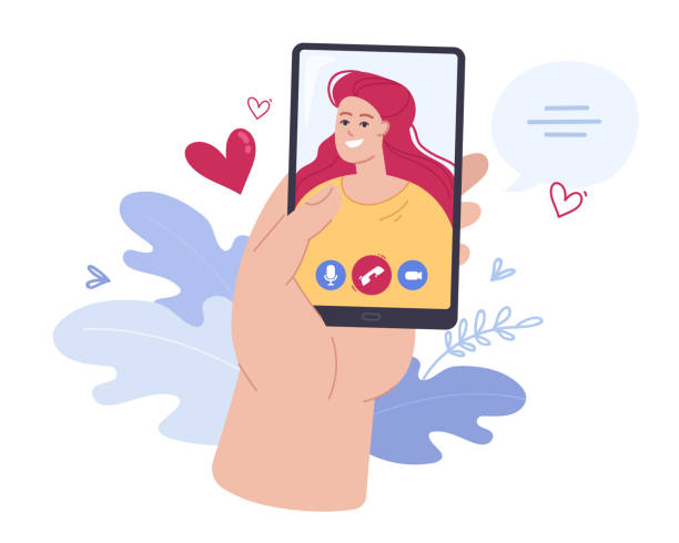 istock Hand holding phone with girl on screen flat vector illustration 1436536102
