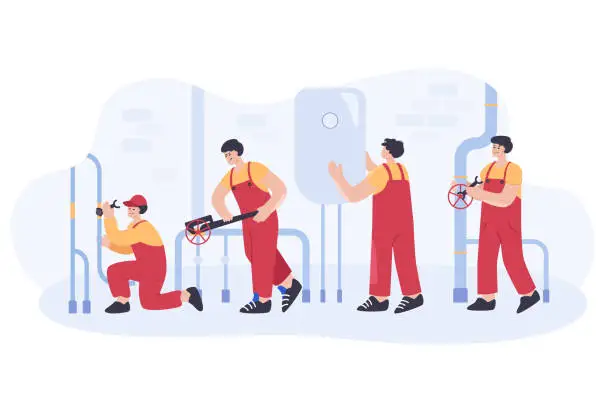 Vector illustration of Team of plumbers fixing pipe with tools flat vector illustration