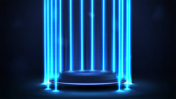 istock Empty blue podium floating in the air in dark scene with line vertical blue neon lamps around 1436542353
