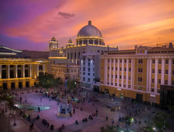 Sunset View Golden Hour of the Historic Center of the City of San Salvador, El Salvador, Central America