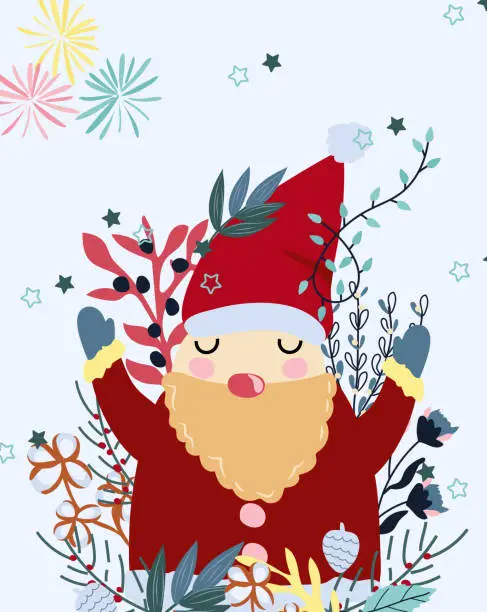 Vector illustration of Happy Santa Claus with winter flowers, berries, garland, fireworks. Banner with funny cartoon character. Concept Christmas and New Year. Vector.