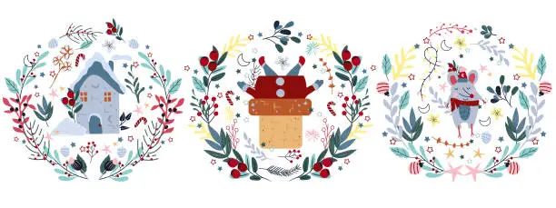 Vector illustration of Christmas bright wreath with Santa Claus climbed in chimney, snow covered house, funny mouse in a scarf. Concept Christmas and New Year. Vector.