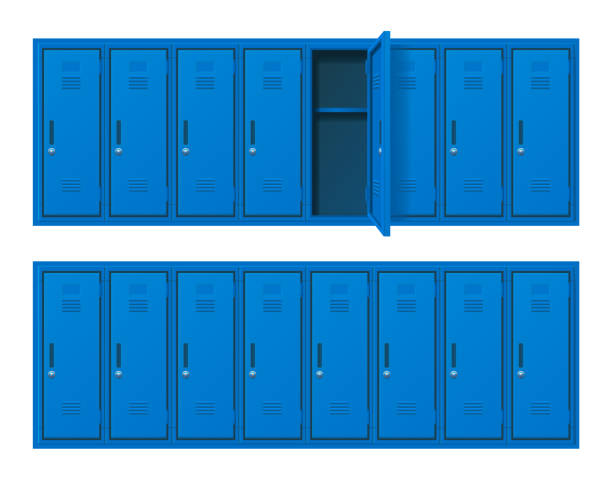 stockillustraties, clipart, cartoons en iconen met realistic detailed 3d different blue school gym locker set. vector - lockerkast