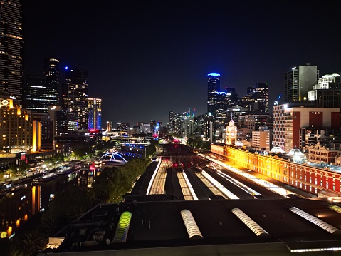 Melbourne city skyline at night, high rise flats and offices. City Illuminated At Night Australia