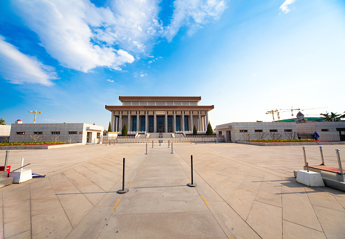 Pyongyang, North Korea - April 29, 2019: View of the downtown Pyongyang  and portraits of two presidents DPRK