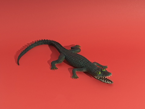 Childs toy rubber alligator centered on a red background. Figurines and toy animals were Christmas toys from the past.