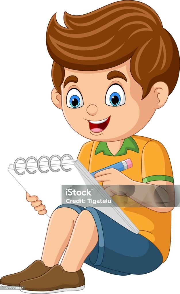 Cartoon Little Boy Sitting And Writing On Notebook Stock Illustration -  Download Image Now - Author, Book, Boys - iStock