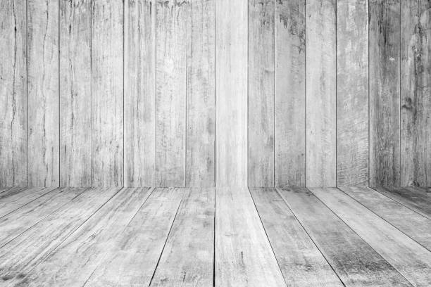 istock empty white wooden planks wall perspective floor room interior background 1436562365