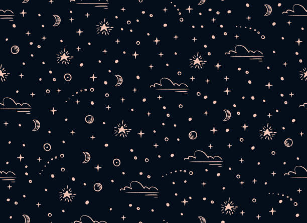 Magical seamless pattern with the stars, moon. Alchemical cosmos. Celestial pattern. Vector hand-drawn background.