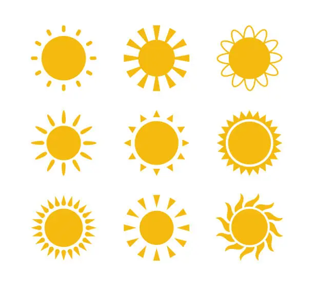 Vector illustration of Yellow flat sun with rays icons in various design. Sun silhouette icons. Graphic weather signs. Symbol of heat, warm and climate. Vector illustrations set isolated on white background