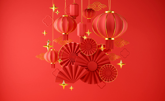 Chinese red background for product display presentation. Happy Chinese new year concept with folded paper fans, lanterns, gold stars. Mid autumn festival background. 3d render