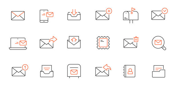 ilustrações, clipart, desenhos animados e ícones de conjunto de ícones da linha de e-mail. envio de cartas, contato de e-mail, ícone de contorno editável seguro de mensagem. - inbox