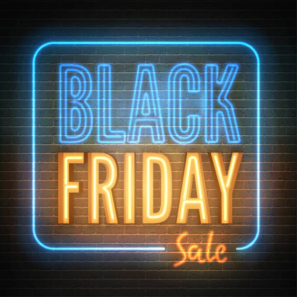 istock Black friday sale vector banner retro style template with yellow blue neon light box 1436563700