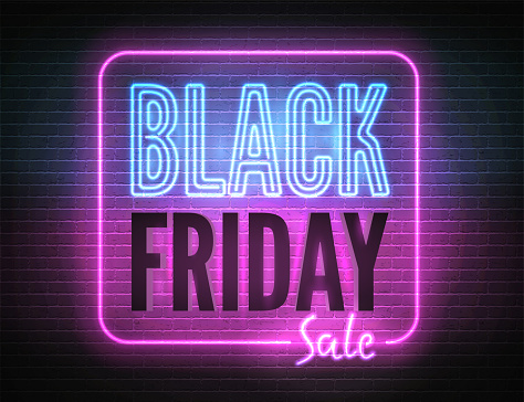 Black Friday seasonal clearance, luxury store special price offer poster design. Stylish discounts realistic pink blue vector banner template. Sale advert neon light and inscription on dark background