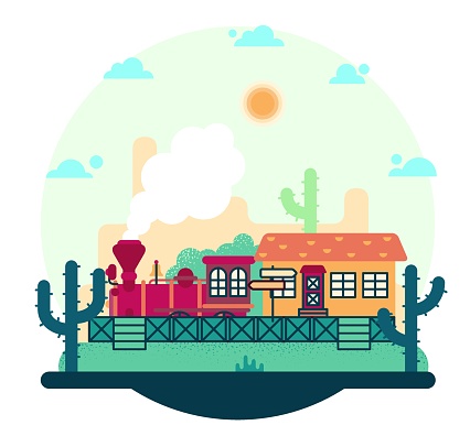 Old red train at the railway station. Wild west illustration