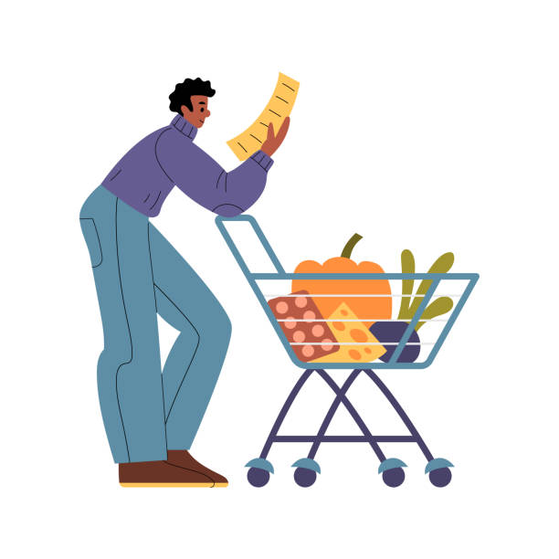 Man with shopping cart reading the shopping list or checking receipt in supermarket vector art illustration