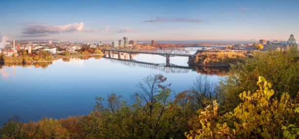 The view of Ottawa, Ontario and Gatineau, Quebec, separated by the Ottawa River and linked via the Alexandra Bridge.