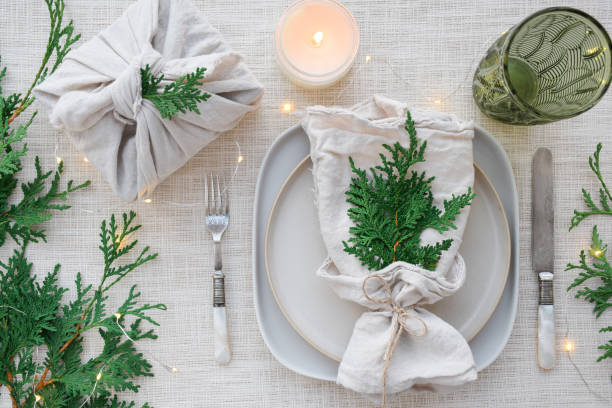 istock Top down view of plate setting decorated for Christmas dinner 1436564811