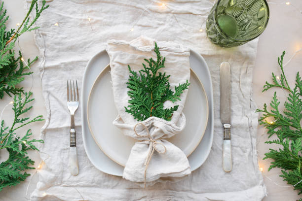 istock Top down view of plate setting decorated for Christmas dinner 1436564819