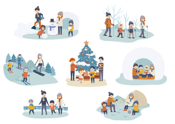 набор иллюстраций семьи, наслаждающейся зимними мероприятиями - snowshoeing snowshoe child winter stock illustrations