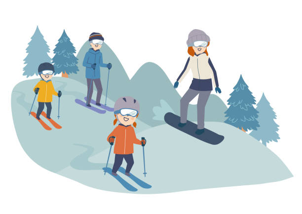 Illustration of a family skiing Illustration of a family skiing snowboarding snowboard women snow stock illustrations