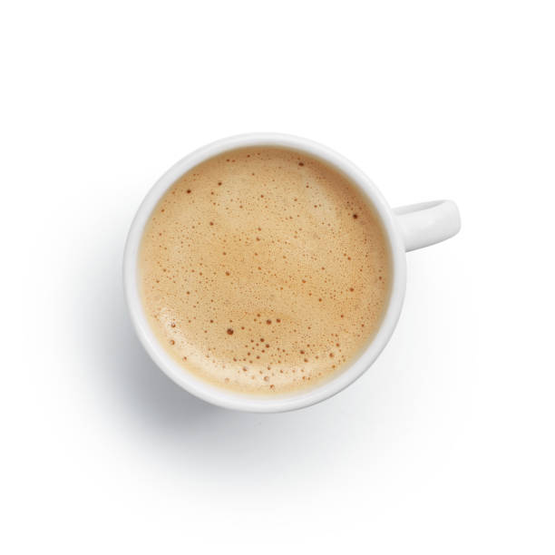 vista dall'alto del caffè cappuccino con la tazza di forma rotonda isolata su fondo bianco - latté foto e immagini stock