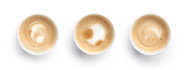 istock Top view of cappuccino coffee with round shape cup isolated on white background 1436566440