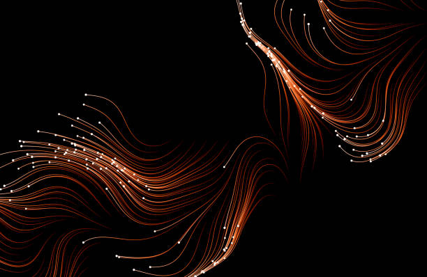 ilustraciones, imágenes clip art, dibujos animados e iconos de stock de partículas naranjas que fluyen sobre fondo negro. - cyberspace abstract backgrounds photon