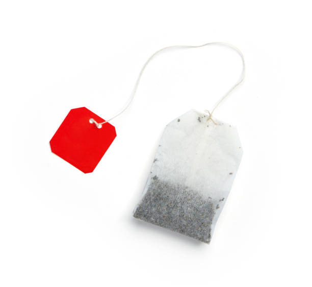istock Top view of Teabag with red label isolated on white background with clipping path 1436567042