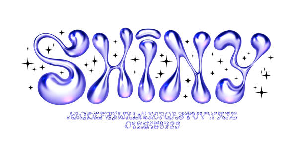 Metallic y2k font. Liquid bubble iron alphabet with melted letters and funky numbers. Glossy 3D flux type face vector set Metallic y2k font. Liquid bubble iron alphabet with melted letters and funky numbers. Glossy 3D flux type face vector set chrome stock illustrations