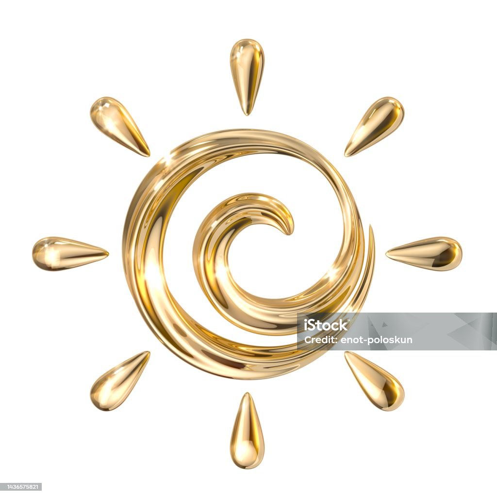 Gold sun symbol Gold sun symbol isolated on white Gold - Metal Stock Photo