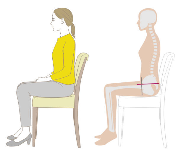 ilustraciones, imágenes clip art, dibujos animados e iconos de stock de una mujer y una figura esquelética sentadas en una silla con la postura correcta - sitting upright