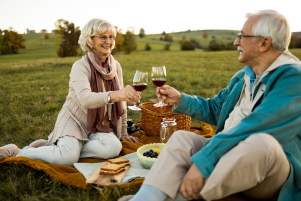 Senior couple having a picnic. They are toasting with the wine stock photo