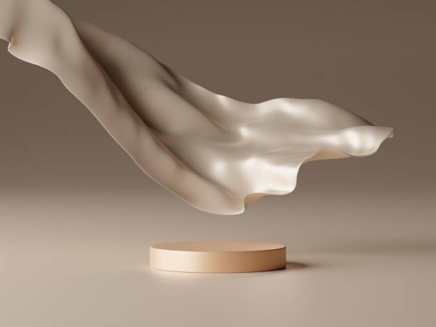 istock Abstract geometric composition with flying silk , Natural stone step pedestal and Nature wind fabric wave. 3D render. Mock up for exhibitions. 1436579075